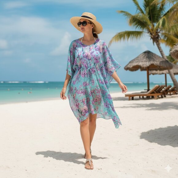SUNFLOWER Kaftan Drawstring Sheer Cover Up Dress - Free Size Blue Pink Floral - Picture 1 of 10